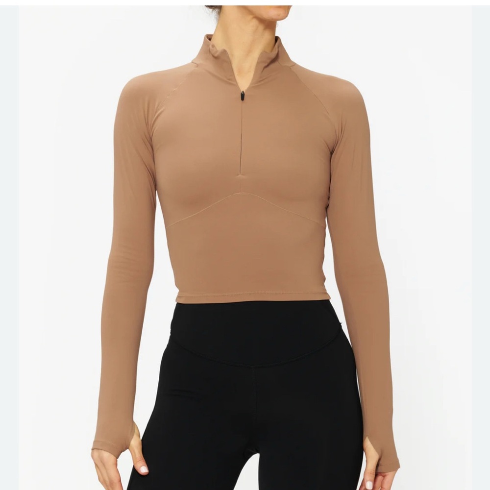 Varley Tan Long Sleeve Polo Crop Top